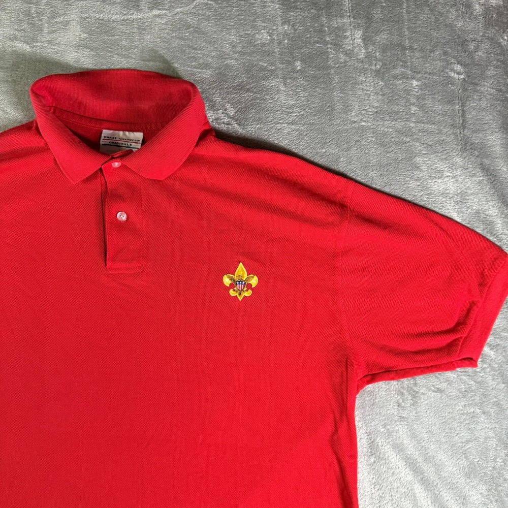 VTG Great American Originals Boy Scouts BSA Red Polo Mens Lrg Fleur De Lis
